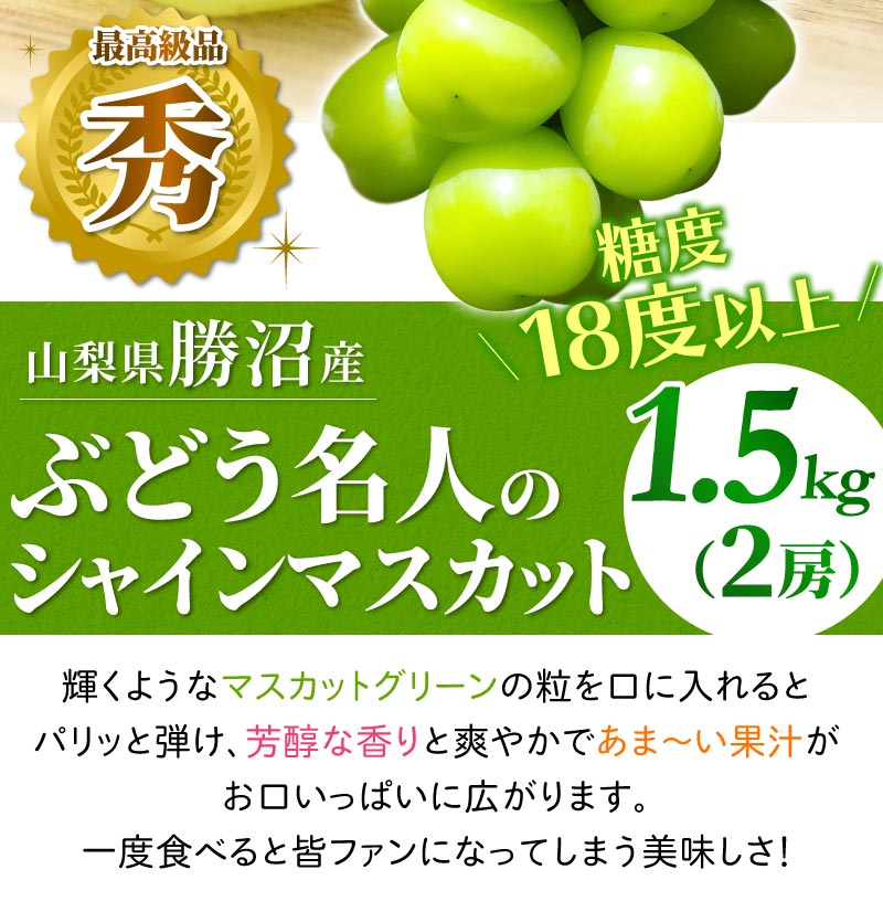 数量限定】山梨県勝沼産 ぶどう名人のシャインマスカット 1.5kg（2房入